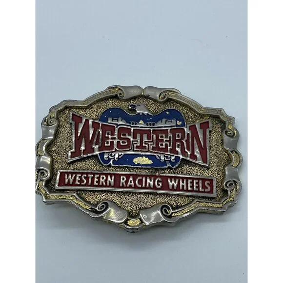Western Racing Wheels Belt Buckle Vintage 1970's Brass 3.5x2.75 - Picture 8 of 8